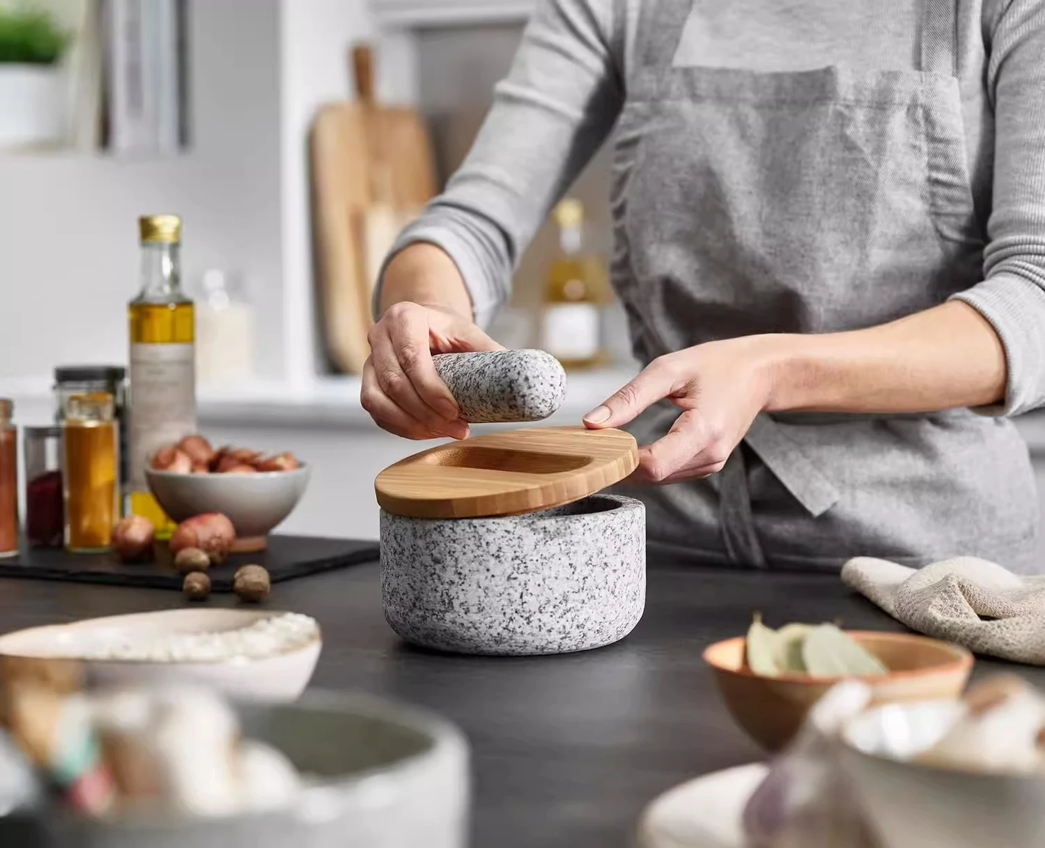 Bamboo cover granite pestle, s - Mortar Pestle Granite review and price